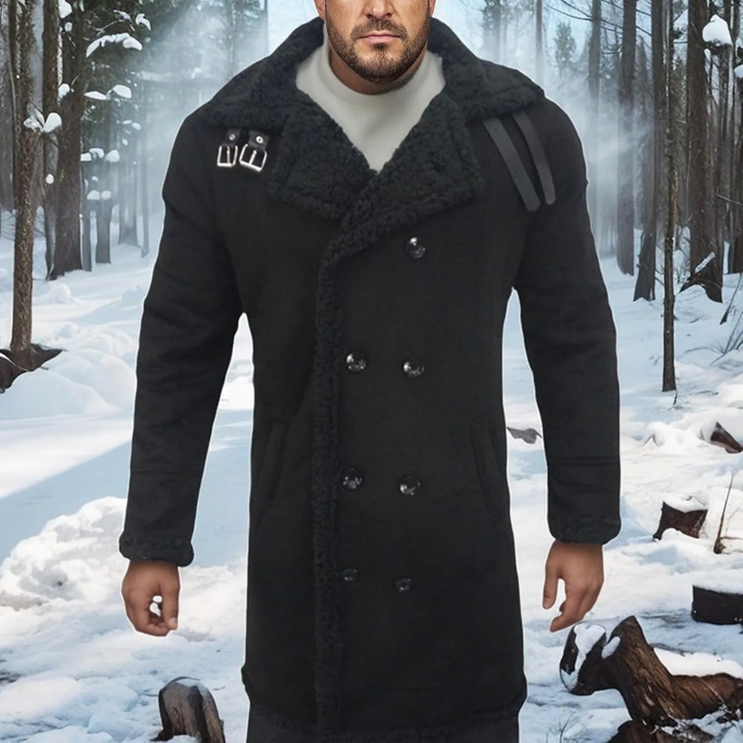 Shearling Coat Men Suede Trench Coat Fleece Sherpa Lined Leather Jacket Lapel Double Breasted Pea Coat Long Overcoats