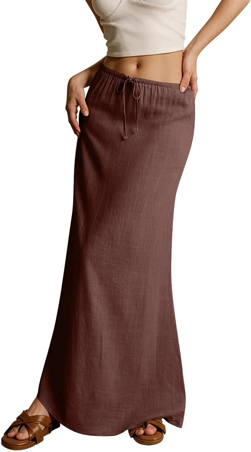 Spring Skirts for Women Cotton Linen Long Summer Casual Drawstring Low Waist Linen Skirts Flowy Vacation Boho