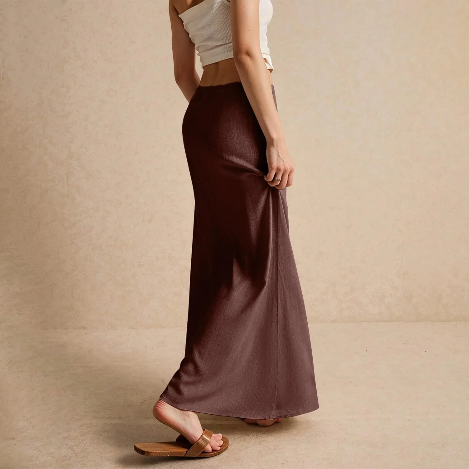 Spring Skirts for Women Cotton Linen Long Summer Casual Drawstring Low Waist Linen Skirts Flowy Vacation Boho