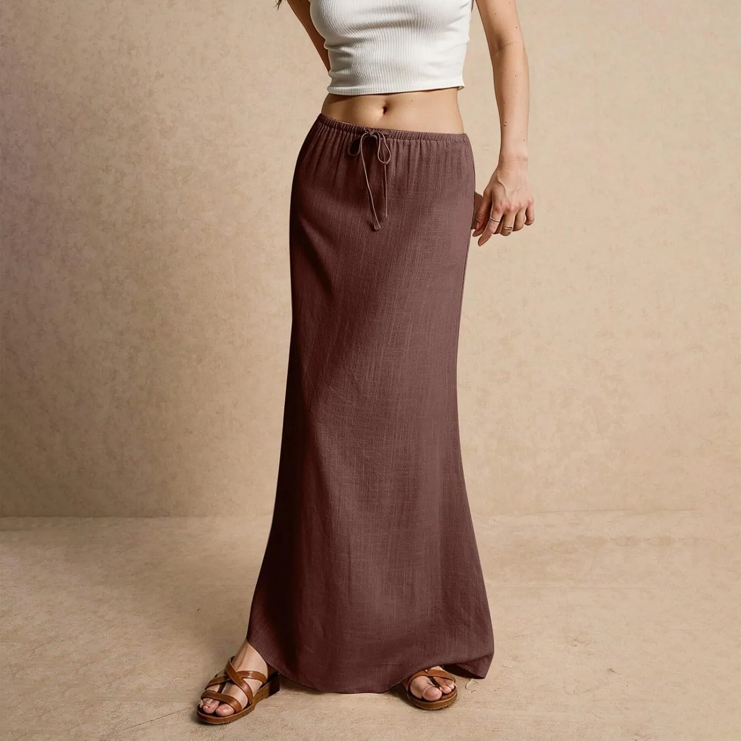 Spring Skirts for Women Cotton Linen Long Summer Casual Drawstring Low Waist Linen Skirts Flowy Vacation Boho