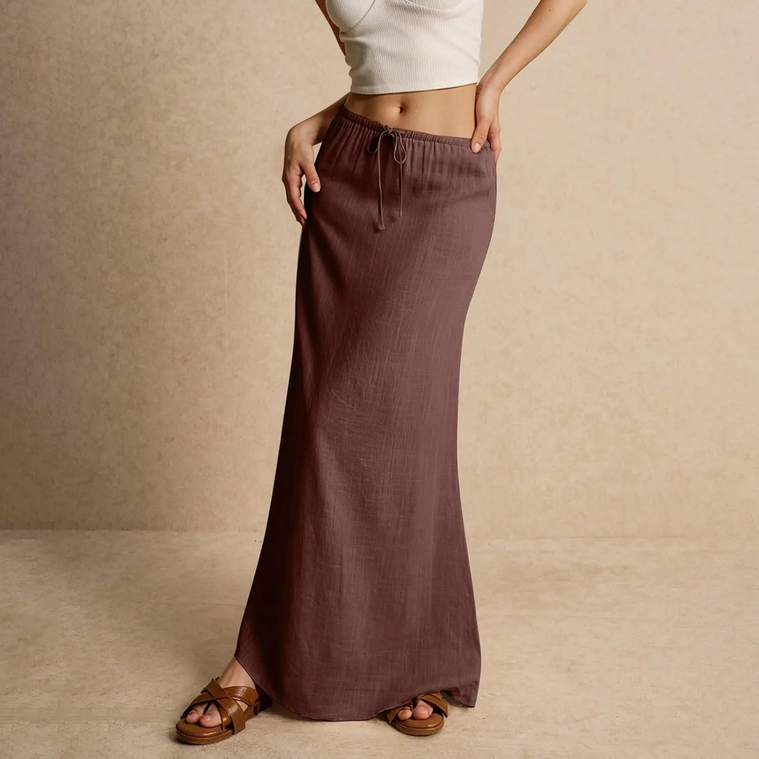 Spring Skirts for Women Cotton Linen Long Summer Casual Drawstring Low Waist Linen Skirts Flowy Vacation Boho