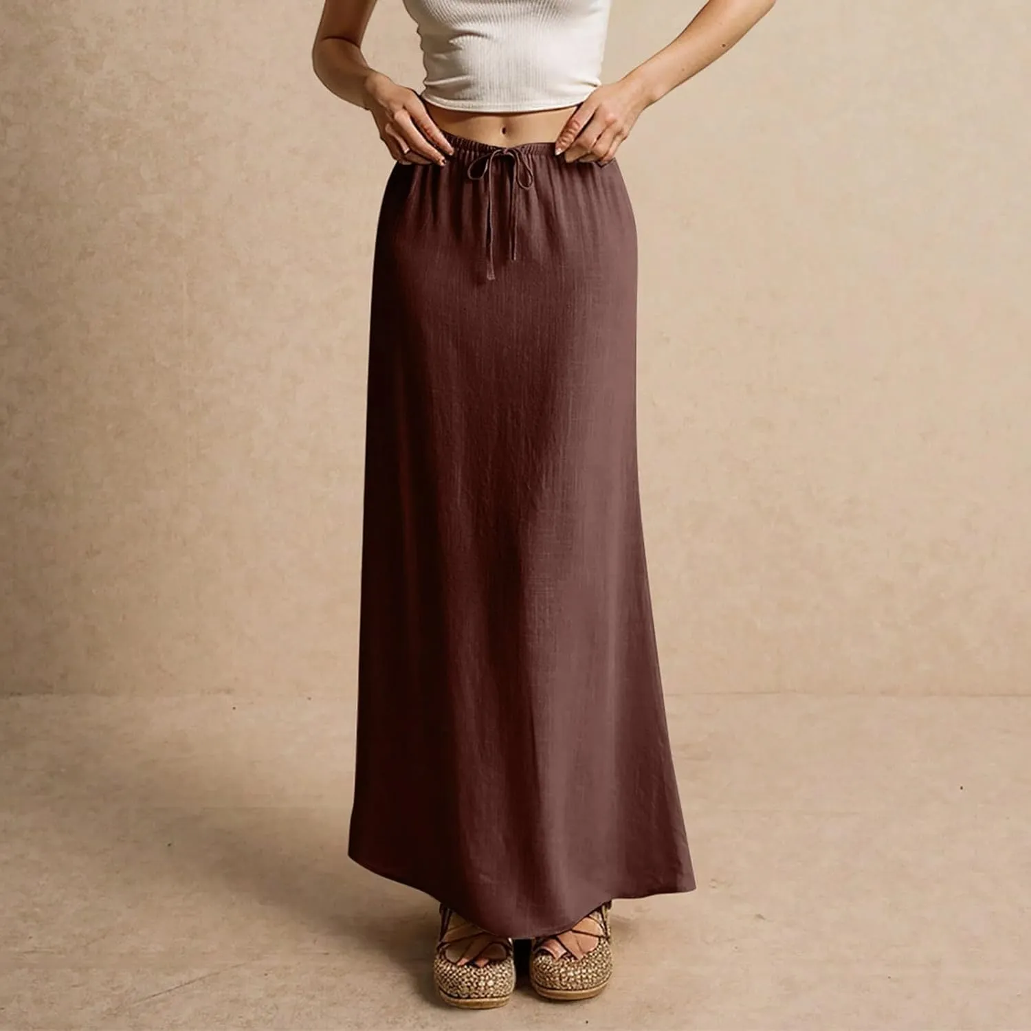 Spring Skirts for Women Cotton Linen Long Summer Casual Drawstring Low Waist Linen Skirts Flowy Vacation Boho
