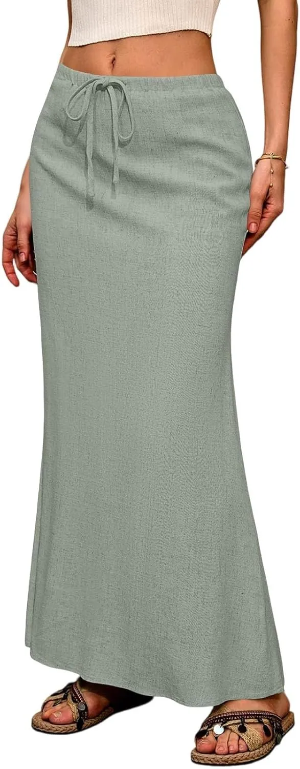 Summer Skirts for Women 2025 Maxi Length Back Slit Linen Skirt Summer Drawstring Elastic Waist Long Skirt with Pocket