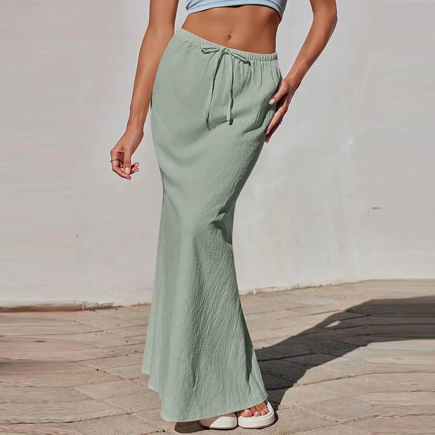 Summer Skirts for Women 2025 Maxi Length Back Slit Linen Skirt Summer Drawstring Elastic Waist Long Skirt with Pocket