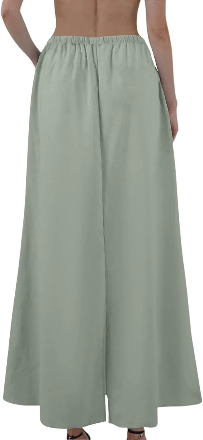 Summer Skirts for Women 2025 Maxi Length Back Slit Linen Skirt Summer Drawstring Elastic Waist Long Skirt with Pocket