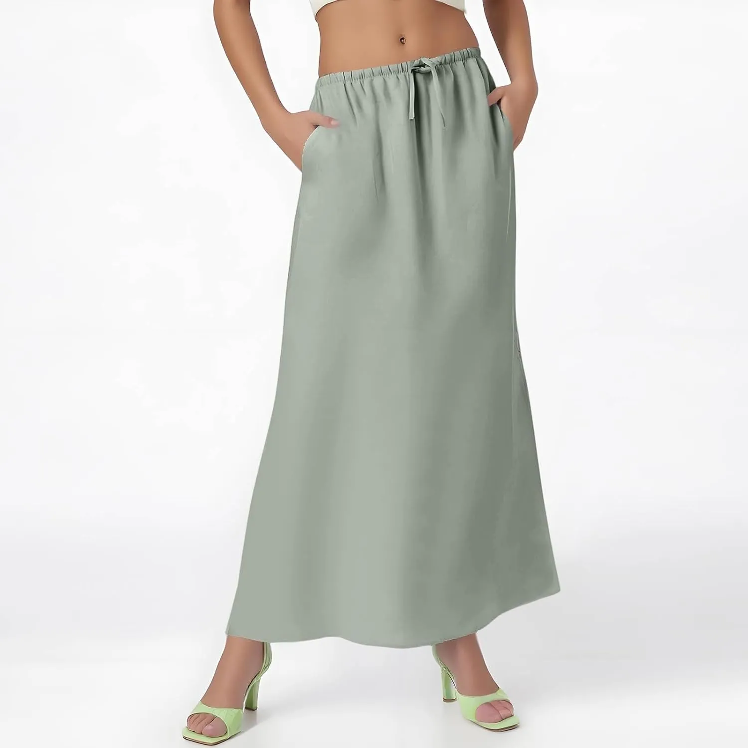 Summer Skirts for Women 2025 Maxi Length Back Slit Linen Skirt Summer Drawstring Elastic Waist Long Skirt with Pocket