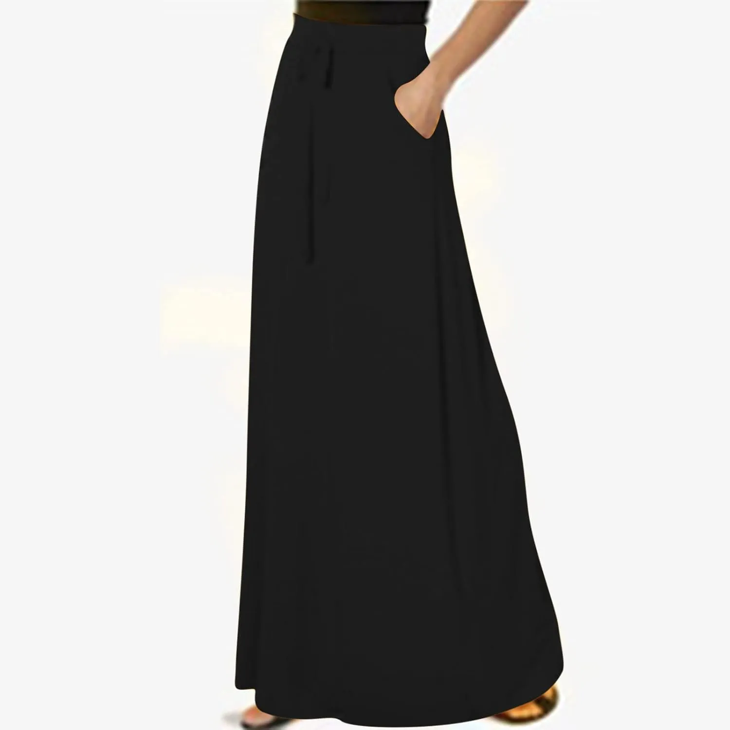 Women Elegant Maxi Skirts Drawstring Waist Casual Long Skirt with Pocket, Dressy Plain Midi Skirt Flowy Half Dress