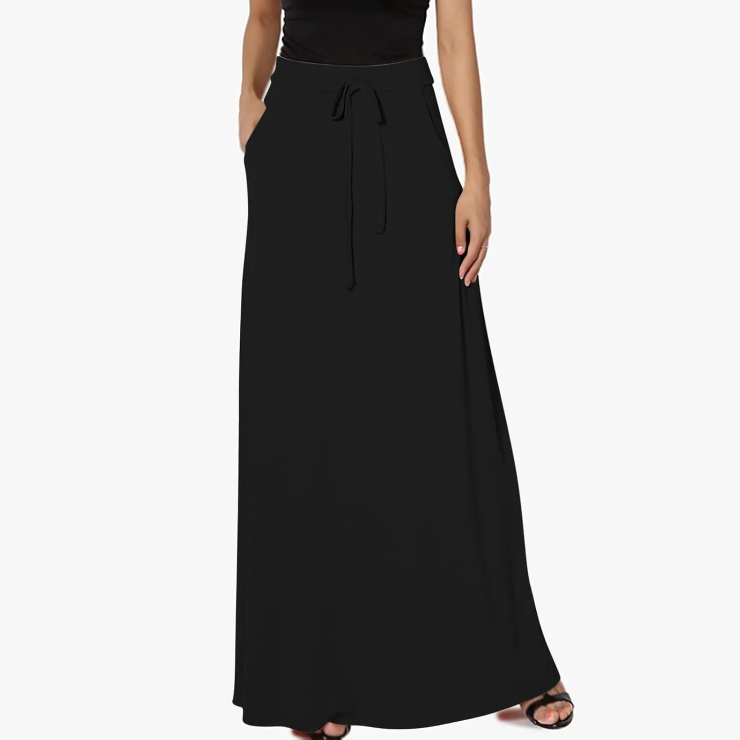 Women Elegant Maxi Skirts Drawstring Waist Casual Long Skirt with Pocket, Dressy Plain Midi Skirt Flowy Half Dress