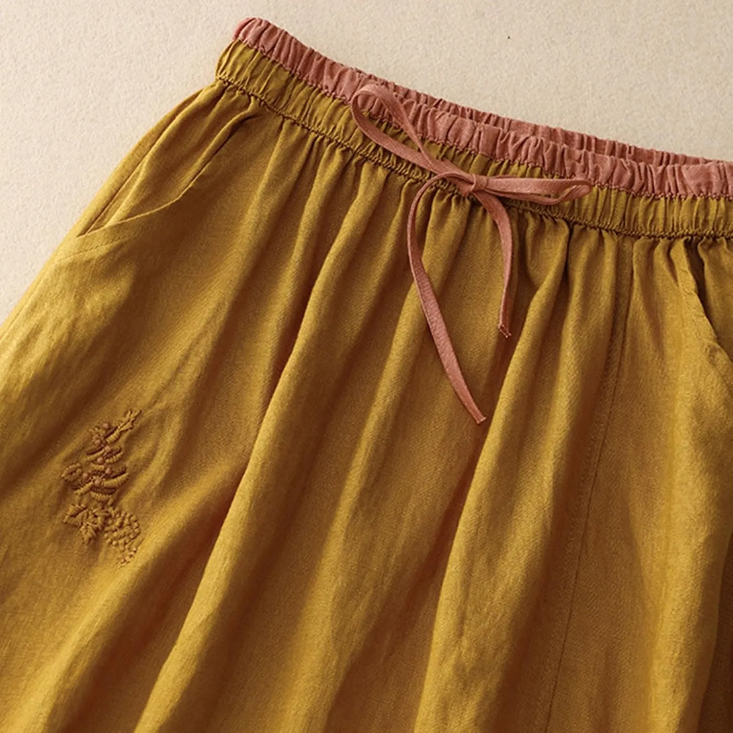 Women Summer Loose Cotton Linen Skirt Retro Flowers Embroidered Cotton Linen Elastic Waist Slit Skirts with Pockets
