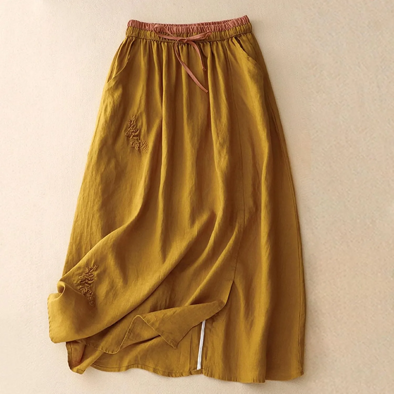 Women Summer Loose Cotton Linen Skirt Retro Flowers Embroidered Cotton Linen Elastic Waist Slit Skirts with Pockets