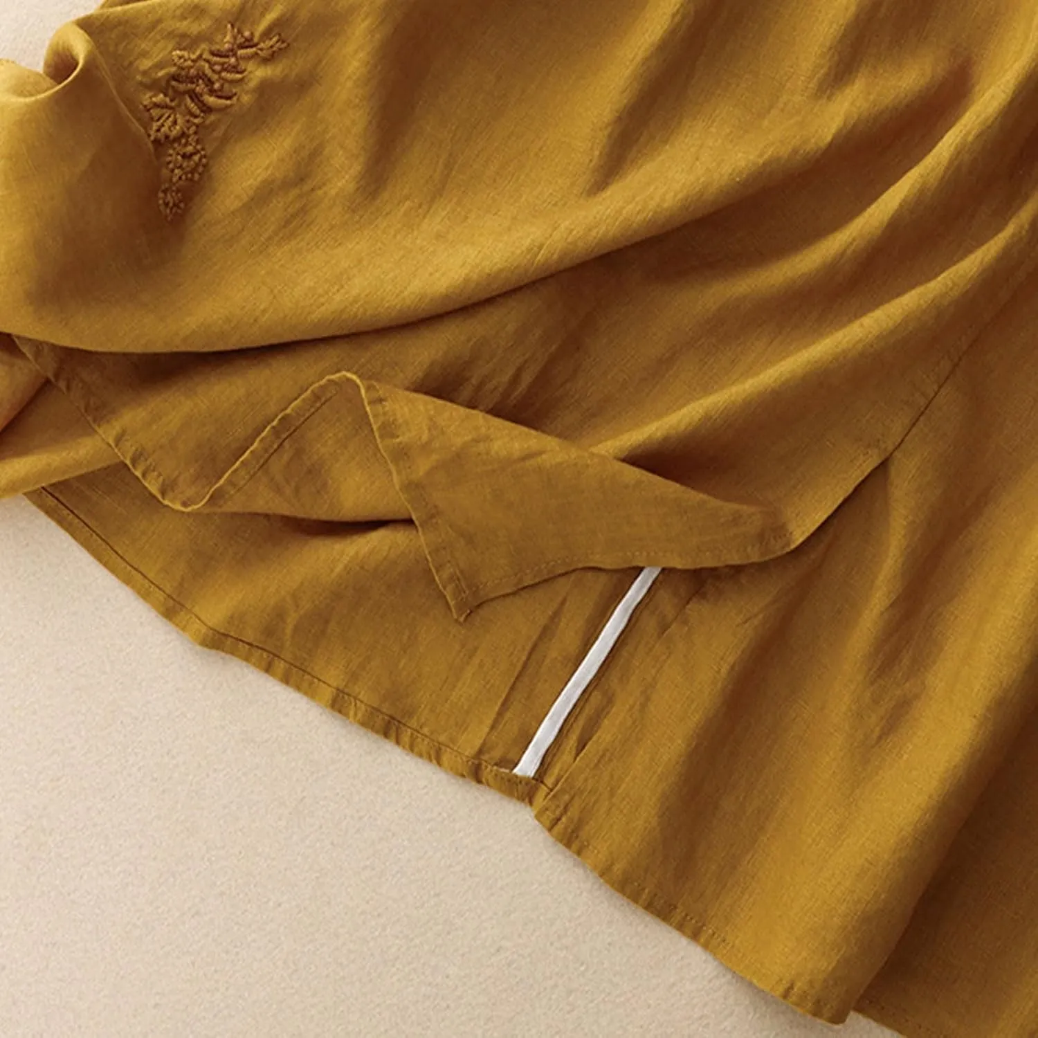Women Summer Loose Cotton Linen Skirt Retro Flowers Embroidered Cotton Linen Elastic Waist Slit Skirts with Pockets