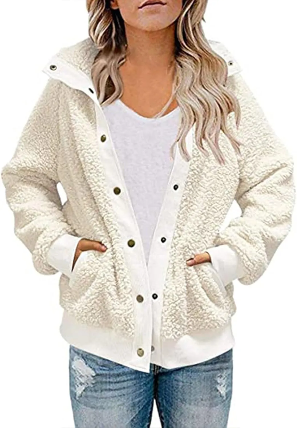 Women's 2024 Winter Warm Fleece Lined Jacket Long Sleeve Button Sherpa Jacket Coat with Pockets