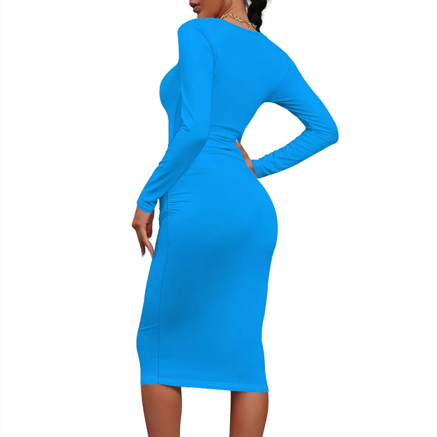Women's Casual Basic Pencil Skirt Sexy Long Sleeve Bodycon Round Neck Work Office Midi Dress