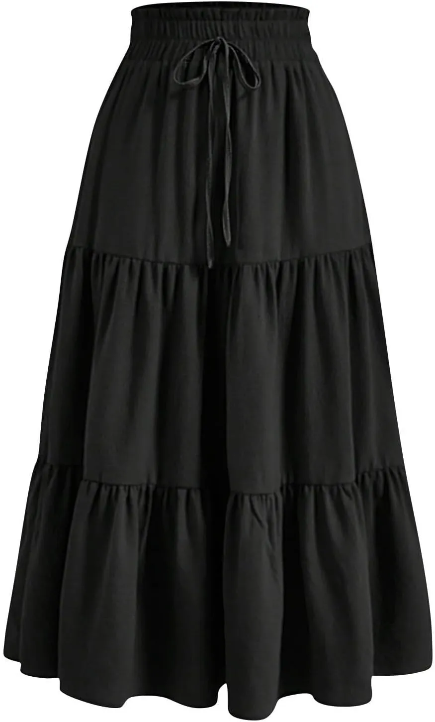 Women's Casual Skirts Summer Boho Flowy Midi Skirt A Line Pleated Long Skirts Tiered Elastic High Waisted Skirt