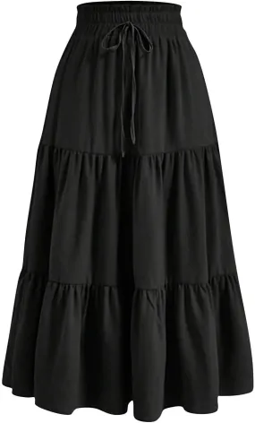 Women's Casual Skirts Summer Boho Flowy Midi Skirt A Line Pleated Long Skirts Tiered Elastic High Waisted Skirt
