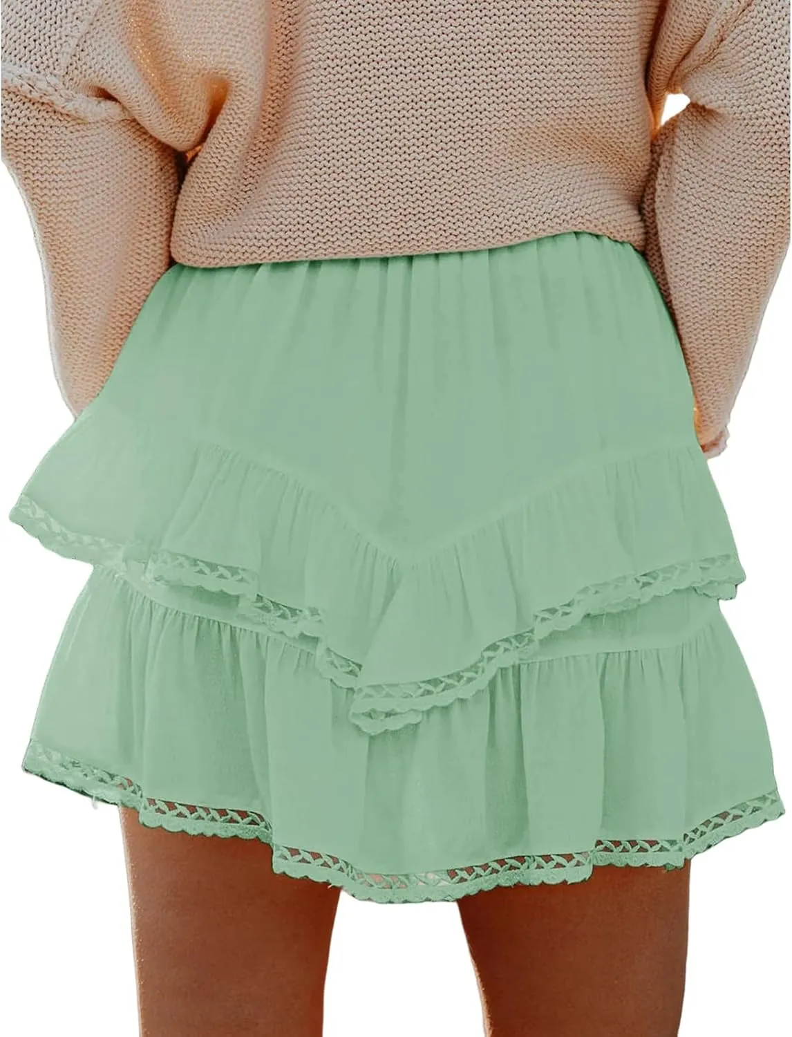 Womens High Waist Ruffle Flowy Mini Skirts Boho Ruffled Tiered Skorts Smocked Waist A Line Short Skirt