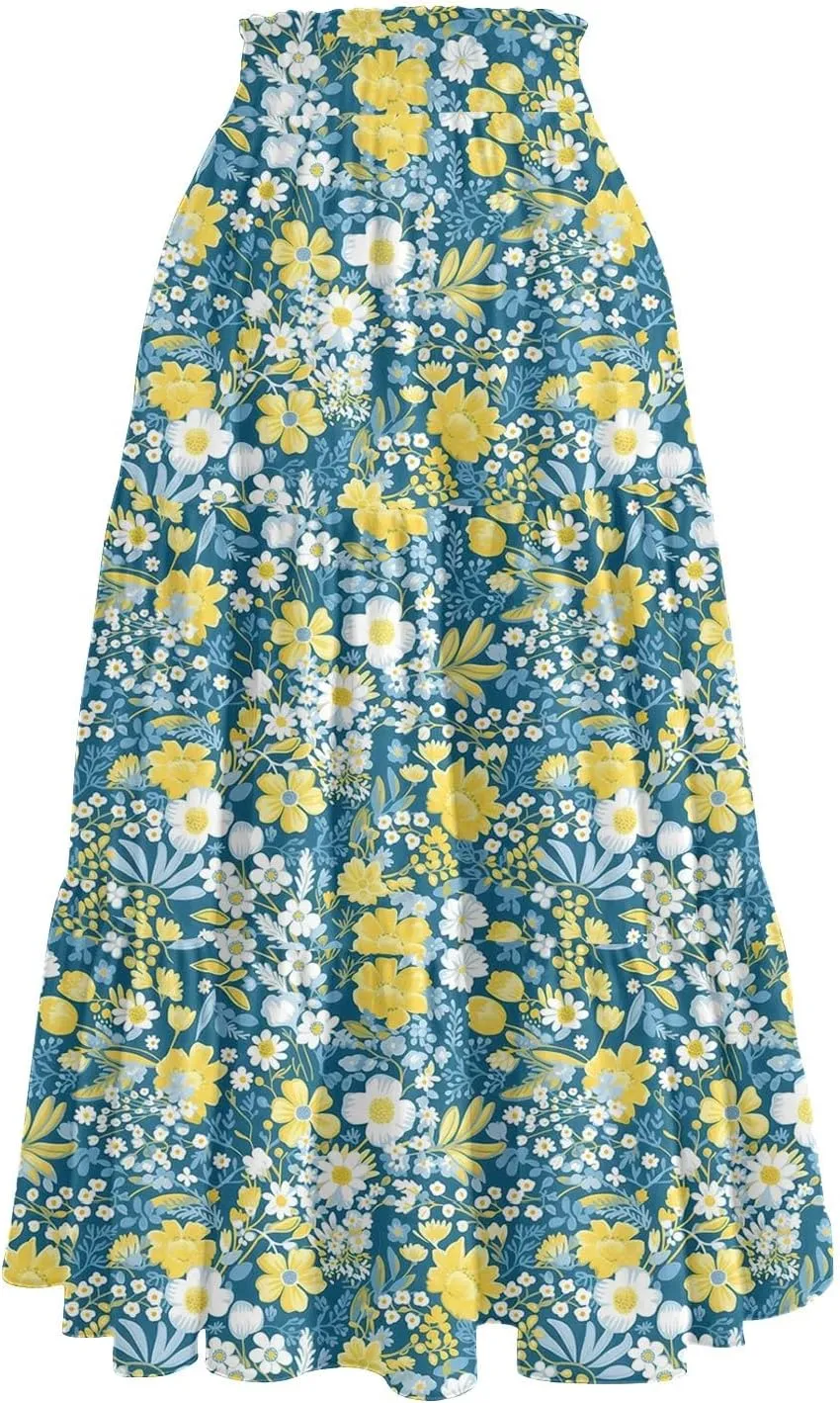 Women's Midi Boho Floral Tiered Skirts Trendy A Line Skirt Comfy Flowy Drawstring High Elastic Waist Skorts with Pockets