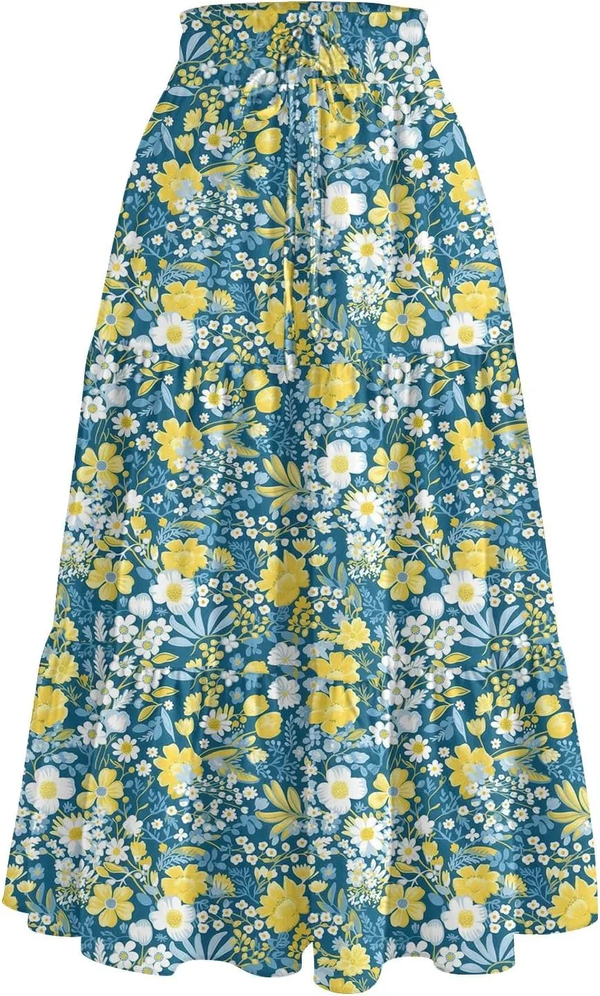 Women's Midi Boho Floral Tiered Skirts Trendy A Line Skirt Comfy Flowy Drawstring High Elastic Waist Skorts with Pockets