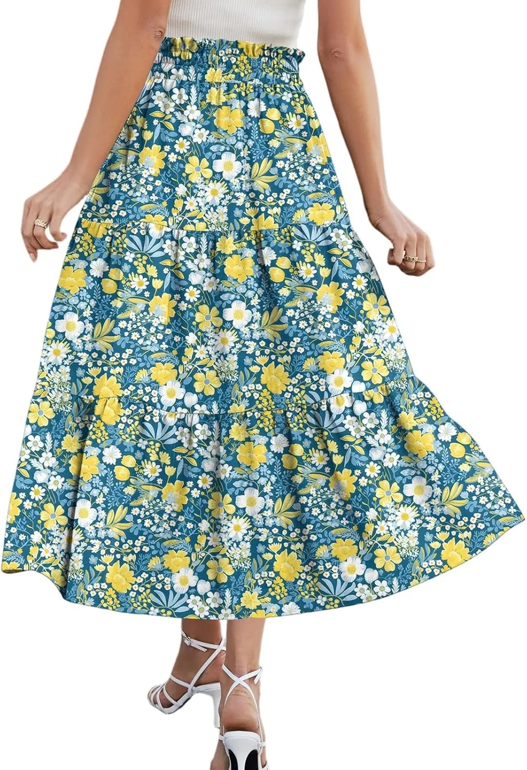 Women's Midi Boho Floral Tiered Skirts Trendy A Line Skirt Comfy Flowy Drawstring High Elastic Waist Skorts with Pockets