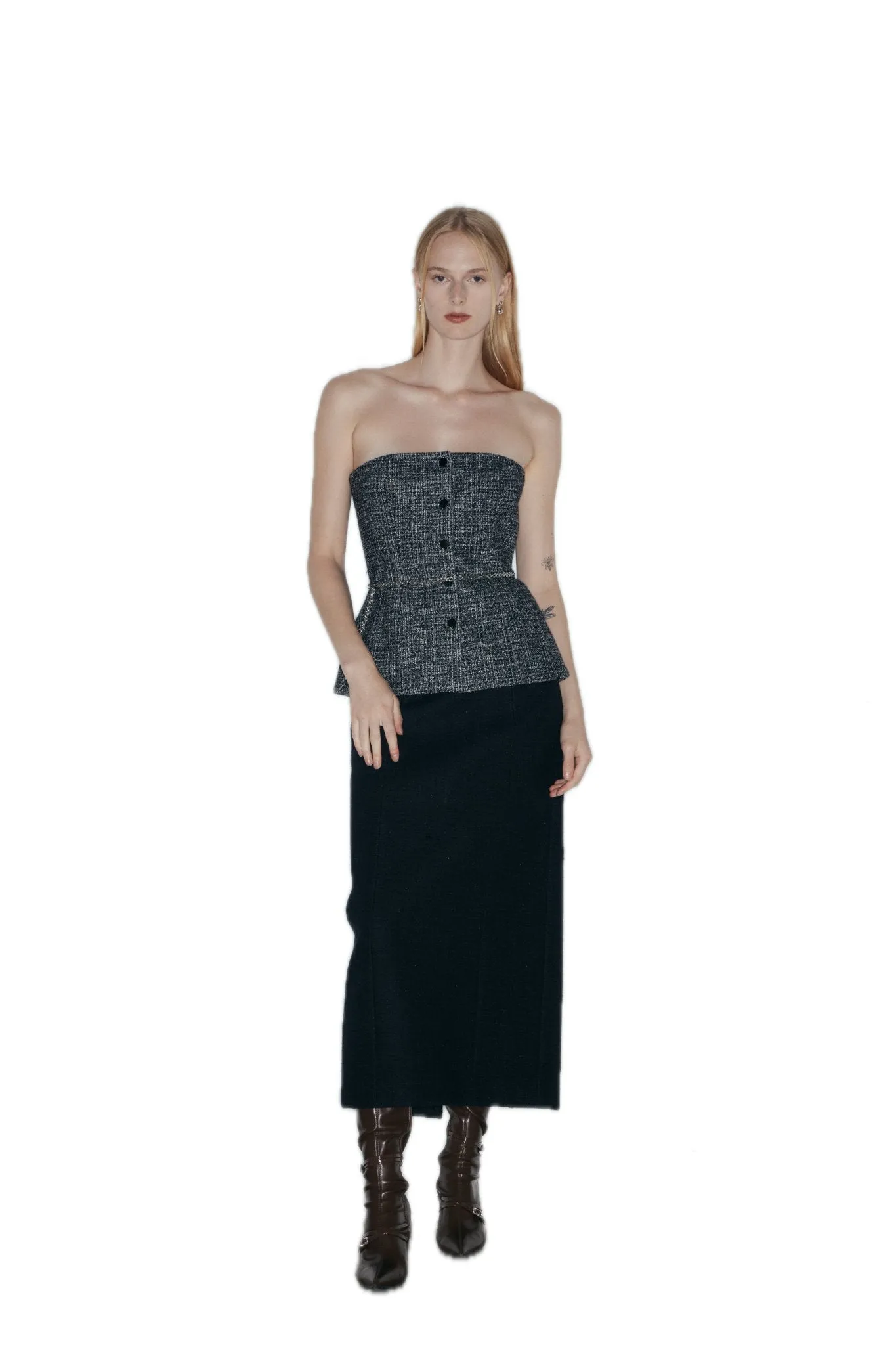 Wool Blend Tweed Mid-Length Skirt In Black