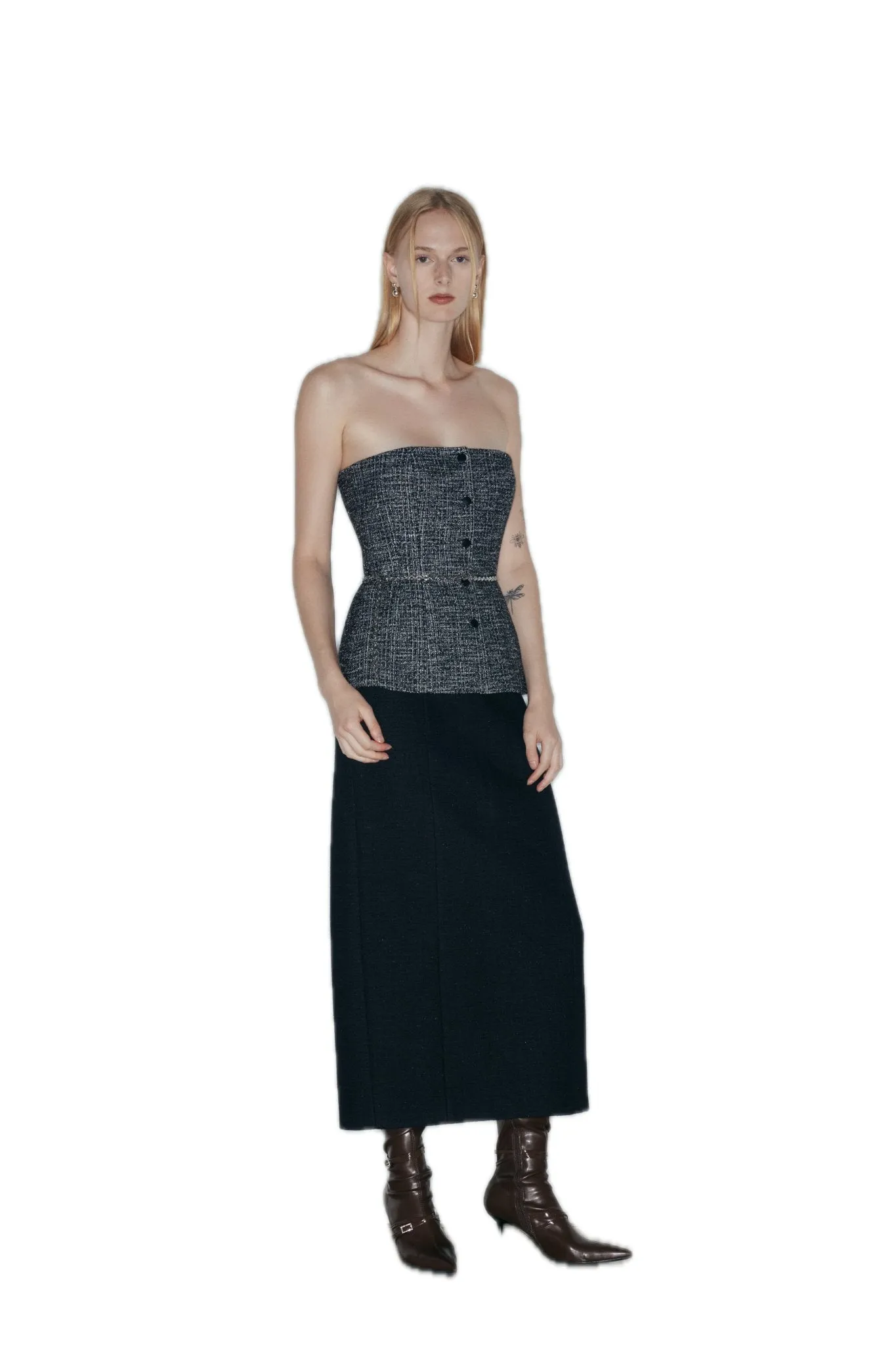 Wool Blend Tweed Mid-Length Skirt In Black